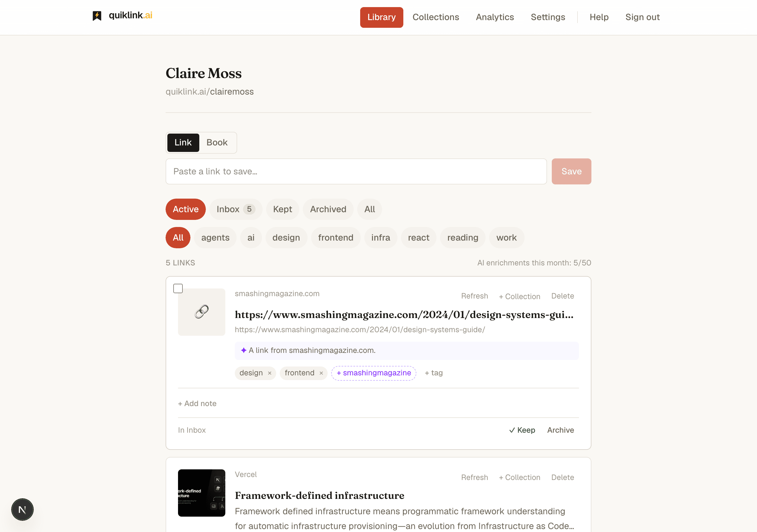 The quiklink library showing all saved links